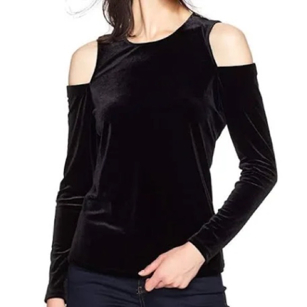 Calvin Klein Black Velvet Cold Shoulder Top Size L Long Sleeve Zip Back Velvet